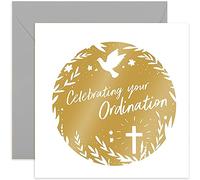 Old English Co. - Biglietto di ordinazione con colomba e croce in lamina d'oro, per sacerdote, pastore o diacono, 50° anniversario di ordinazione per sacerdote cattolico, interno bianco con busta