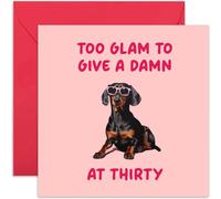 Old English Co. Biglietto divertente per il 30° compleanno per lei, per il trentesimo compleanno di un'amica, con scritta "Too Glam" con cane salsiccia, biglietto per i 30 anni, per donne, sorella,