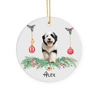 Old English Sheepdog Dog Ornamento Natalizio In Ceramica Con Cordino Ornamenti Per Albero Di Natale 7.3Cm Decorazione Rotonda Per Albero Di Natale