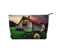 Old Tractor Photo Farm Chiusura a cerniera Borsa per il trucco in velluto a coste Organizer multifunzionale 22x7x17cm per Viaggi Campeggio Vacanze Fitness, Nero , Taglia unica