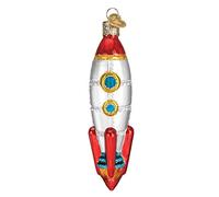 Old World Christmas Nave giocattolo a forma di razzo in vetro, ornamento 44125 con scatola inclusa