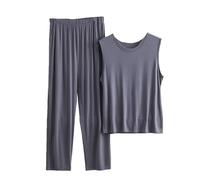 OLEETS Completo Pigiama da Uomo 2 Pezzi - Canottiera da Uomo Girocollo in Tinta Unita Tinta Unita + Pantaloni Lunghi 2 Pezzi Pigiama da Notte Estivo in Cotone Sottile Allentato, Grigio, 6XL