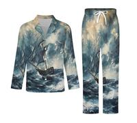 OLEETS Pigiama A Maniche Lunghe da Uomo - Barca A Vela da Mare Pigiama Invernale Completo con Top E Pantaloni 2 Pezzi Morbido E Confortevole Casual da Notte L