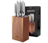 Oleio Maestro Set coltelli da cucina con ceppo, 5 coltelli in acciaio inox | 5 coltelli da cucina professionali in acciaio inox, ceppo in acacia con affilacoltelli integrato, lame da 8,5 a 20 cm