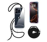 OLEPHY Cover con Cordino per iPhone 15 Pro 6,1'', Trasparente Custodia con Regolabile Collana, Per Attività all'aperto ed Escursioni | Libertà a Mani Libere, Nero