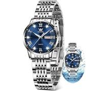 OLEVS Argentato Orologio Donna Analogico Acciaio Inossidabile Numeri Romani Blu Orologi Impermeabile Donna Piccolo Quadrante con Data Luminoso Facile da Leggere