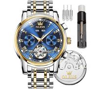 OLEVS Automatic Self Winding Skeleton Watch with Tourbillon, Luxury Stainless Steel Mechanical Watch with Date, Waterproof for Men