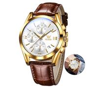 OLEVS Bianco Orologio Uomo Cinturino Pelle Oro Porta Orologi Multifunzione Cronografo Quadrante Grande Watches for Men con Data Marrone Analogico Impermeabile Vintage Orologio da Polso Uomo Luminoso