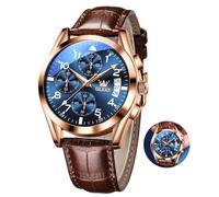 OLEVS Blu Orologio Uomo Cinturino Pelle Oro Rosa Porta Orologi Cronografo Numeri Arabi Quadrante Grande Watches for Men con Data Marrone Analogico Impermeabile Vintage Orologio da Polso Uomo Luminoso