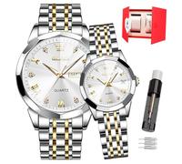 OLEVS Coppia di orologi al quarzo per San Valentino, impermeabili, 3 ATM, calendario luminoso, datario, casual, in acciaio inossidabile, per uomo e donna, amanti del matrimonio, 9931 - Due toni