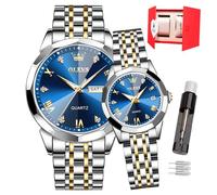 OLEVS Coppia di orologi al quarzo per San Valentino, impermeabili, 3 ATM, calendario luminoso, datario, casual, in acciaio inossidabile, per uomo e donna, amanti del matrimonio, 9931 - Due toni blu 1