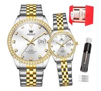 OLEVS Coppia di orologi da polso per lui e per lei, analogico, al quarzo, da uomo e donna, impermeabili, luminosi, con data, regalo romantico per coppie, set da 2, 3629 - Due toni bianchi faccia 1