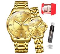 OLEVS Coppia di orologi da polso per lui e per lei, analogico, al quarzo, da uomo e donna, impermeabili, luminosi, con data, regalo romantico per coppie, set da 2, 2910- Faccia dorata 1 paio, Moderno