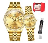 OLEVS Coppia di orologi da polso per lui e per lei, analogico, al quarzo, da uomo e donna, impermeabili, luminosi, con data, regalo romantico per coppie, set da 2, 3629-oro, 1 paio, Moderno