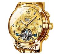 OLEVS Men Automatic Watch Skeleton 5 Hands Mechanical Gold Watch Classic Luxury Multi Calendar Stainless Steel Waterproof Wrist Watch for Men