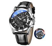 OLEVS Nero Orologio Uomo Cinturino Pelle Argento Porta Orologi Cronografo Numeri Arabi Quadrante Grande Watches for Men con Data Analogico Quarzo Impermeabile Vintage Orologio da Polso Uomo Luminoso