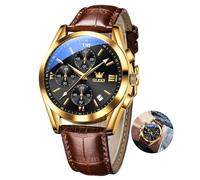 OLEVS Nero Orologio Uomo Cinturino Pelle Oro Porta Orologi Multifunzione Cronografo Quadrante Grande Watches for Men con Data Marrone Analogico Impermeabile Vintage Orologio da Polso Uomo Luminoso