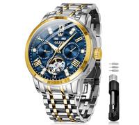 OLEVS Orologi automatici da uomo a carica automatica scheletro meccanico di lusso vestito in acciaio inossidabile diamante uomini orologi da polso, 6701: cinturino oro e quadrante blu, classico