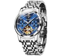 OLEVS Orologi automatici da uomo scheletro meccanico a carica automatica di lusso moda abito orologio da polso luna fase giorno data luminoso impermeabile, Cinturino in argento e quadrante blu,