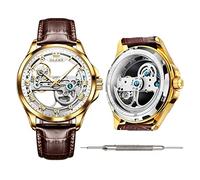 OLEVS Orologi automatici in pelle per giovani uomini guardano orologi a carica automatica di marca di moda per gli uomini, Marrone-bianco, Meccanico