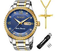 OLEVS Orologi da uomo in oro con diamanti di lusso in acciaio inossidabile impermeabile al quarzo orologi da polso per gli uomini con data, Argento Cinturino Bianco Faccia Blu, L, Bracciale
