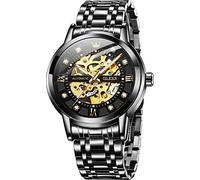 OLEVS Orologi meccanici automatici da uomo, con scheletro dorato, in acciaio inox, impermeabili, luminosi, Nero, Meccanico