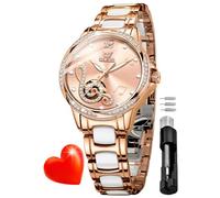 OLEVS Orologio automatico da donna a carica automatica, orologio da polso da donna con diamanti, orologio di lusso in ceramica oro rosa per donne amore cuore data, Musica rosa, orologio meccanico
