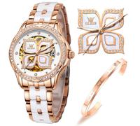 OLEVS Orologio automatico da donna in oro rosa, con scheletro meccanico a carica automatica, elegante abito di lusso con diamanti bianchi in ceramica, regalo, 6612: Quadrifoglio