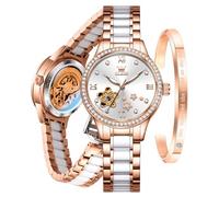 OLEVS Orologio automatico da donna, lussuoso, con diamanti, orologio da donna a carica automatica, cinturino in ceramica, impermeabile, set con bracciale e orologio da donna, 7074: Quadrante bianco