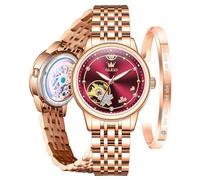 OLEVS Orologio automatico da donna, lussuoso, con diamanti, orologio da donna a carica automatica, cinturino in ceramica, impermeabile, set con bracciale e orologio da donna, 6732: quadrante rosso e