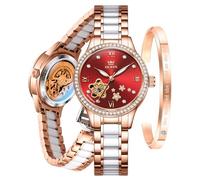 OLEVS Orologio automatico da donna, lussuoso, con diamanti, orologio da donna a carica automatica, cinturino in ceramica, impermeabile, set con bracciale e orologio da donna, 7074: Quadrante oro rosa