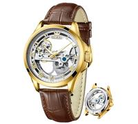 OLEVS Orologio automatico da uomo, alla moda, scheletro, a carica automatica, meccanico, in pelle, orologio da polso da uomo, quadrante grande, facile da leggere, per affari, lussuoso, luminoso