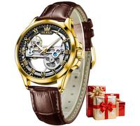 OLEVS Orologio automatico da uomo, alla moda, scheletro, a carica automatica, meccanico, in pelle, orologio da polso da uomo, quadrante grande, facile da leggere, per affari, lussuoso, luminoso