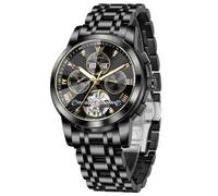 OLEVS Orologio automatico da uomo, di lusso, meccanico, a carica automatica, tourbillon, orologio da polso in acciaio inox, impermeabile, con data, giorno, anno, Orologio Nero-Oro G7121, Round