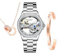 OLEVS Orologio da donna automatico con tourbillon diamantato, alla moda, in acciaio inox, impermeabile, luminoso, regalo per donne, oro rosa/cielo stellato/argento, 6699: Argento, Bracciale