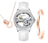OLEVS Orologio da donna automatico con tourbillon diamantato, alla moda, in acciaio inox, impermeabile, luminoso, regalo per donne, oro rosa/cielo stellato/argento, 6699: Pelle Bianca, Cinturino