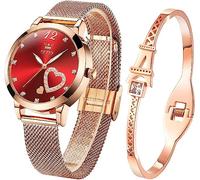 OLEVS Orologio da donna con bracciale in oro rosa per donna minimalista semplice sottile casual vestito analogico al quarzo impermeabile bicolore, orologio rosso da donna, classico