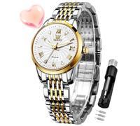 OLEVS Orologio da polso da donna, automatico, alla moda, lussuoso, meccanico, a carica automatica, in acciaio inox, luminoso, impermeabile, Due colori cinturino bianco faccia, Orologi da donna