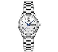 OLEVS Orologio da polso da donna, in acciaio inox, analogico, al quarzo, con data, impermeabile, piccolo viso luminoso, da donna, elegante, per il tempo libero, 5567-quadrante bianco/bracciale in