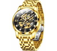 OLEVS Orologio da polso da uomo automatico con scheletro di diamante meccanico di lusso a carica automatica impermeabile luminoso, G9901: Cinturino oro e quadrante nero, Lusso
