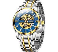 OLEVS Orologio da polso da uomo automatico con scheletro di diamante meccanico di lusso a carica automatica impermeabile luminoso, G9901: Cinturino bicolore e quadrante blu