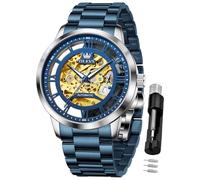 OLEVS Orologio da polso da uomo, con scheletro, automatico, meccanico, a carica automatica, lussuoso, in acciaio inox, impermeabile, luminoso, Tn-g6728-blu