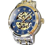 OLEVS Orologio da polso da uomo, con scheletro, automatico, meccanico, a carica automatica, lussuoso, in acciaio inox, impermeabile, luminoso, Cinturino in oro e argento e quadrante blu, Vestito