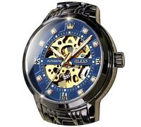 OLEVS Orologio da polso da uomo, con scheletro, automatico, meccanico, a carica automatica, lussuoso, in acciaio inox, impermeabile, luminoso, Cinturino nero e quadrante blu