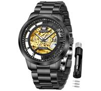 OLEVS Orologio da polso da uomo, con scheletro, automatico, meccanico, a carica automatica, lussuoso, in acciaio inox, impermeabile, luminoso, Tn-g6728-nero