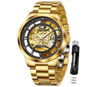 OLEVS Orologio da polso da uomo, con scheletro, automatico, meccanico, a carica automatica, lussuoso, in acciaio inox, impermeabile, luminoso, Tn-g6728-gold Nero, Bracciale