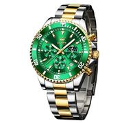 OLEVS Orologio da polso da uomo, elegante, popolare, al quarzo, analogico, cinturino in acciaio inox, multifunzione, impermeabile, orologio casual, B1-quadrante verde/cinturino argento oro, Standard,