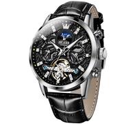 OLEVS Orologio da polso meccanico da uomo, con scheletro, automatico, di lusso, in pelle marrone, casual, con fasi lunari, luminoso, impermeabile, Nero e nero., Cinturino