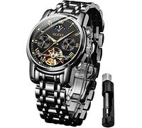OLEVS Orologio da uomo automatico a carica meccanica, fasi lunari, in acciaio inox, due tonalità, con data, impermeabile, luminoso, Tutto nero, 100%