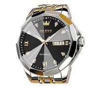 OLEVS Orologio da uomo, automatico, classico, meccanico, con specchio, in acciaio inox, casual, impermeabile, con calendario, Nero e oro.
